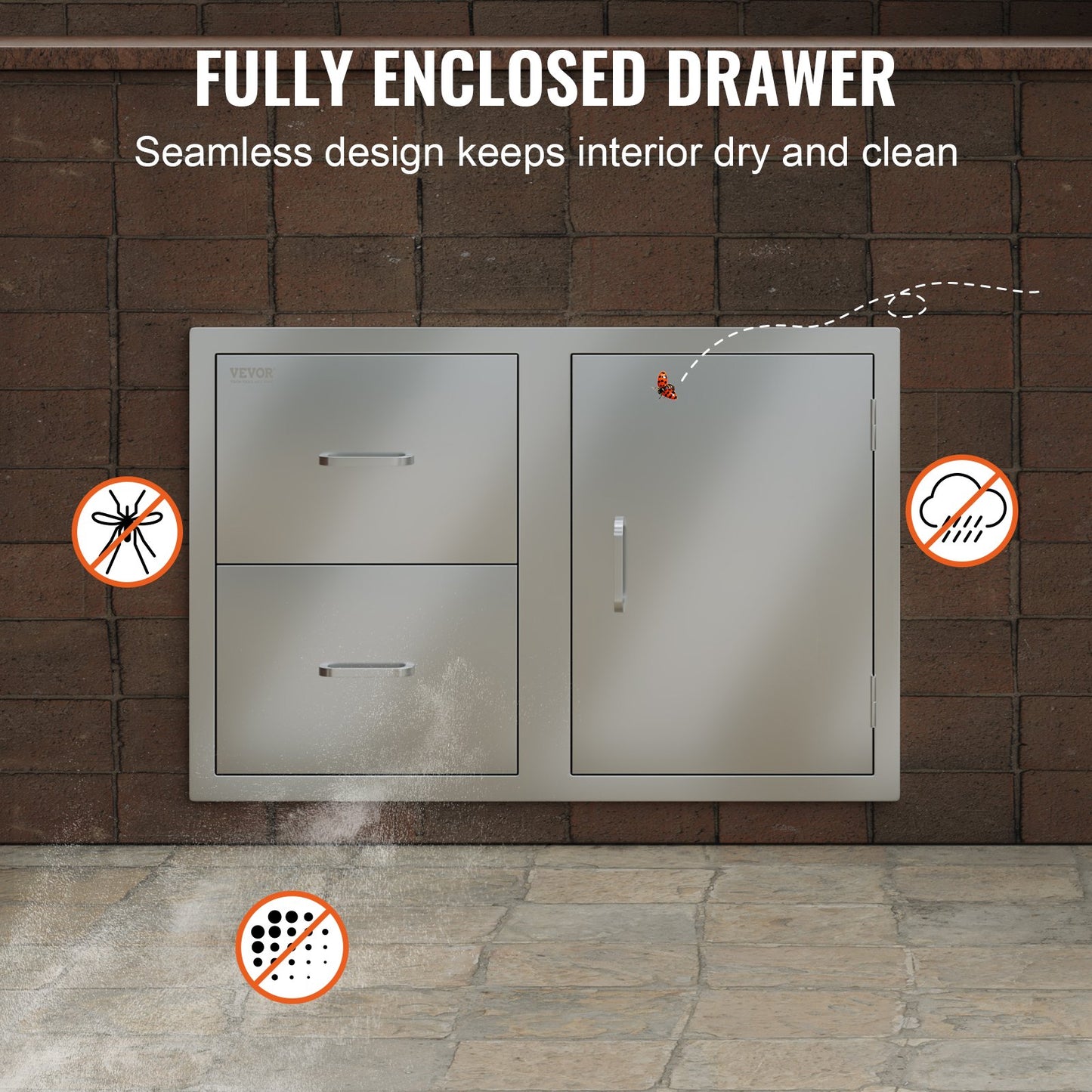 VEVOR Outdoor Kitchen Door Drawer Combo 32.5 W x 21.6 H x 20.5''D, Access Door/Double Drawers with Paper Towel Rack, BBQ Island Drawers with Stainless Steel Handles for Outdoor Kitchen