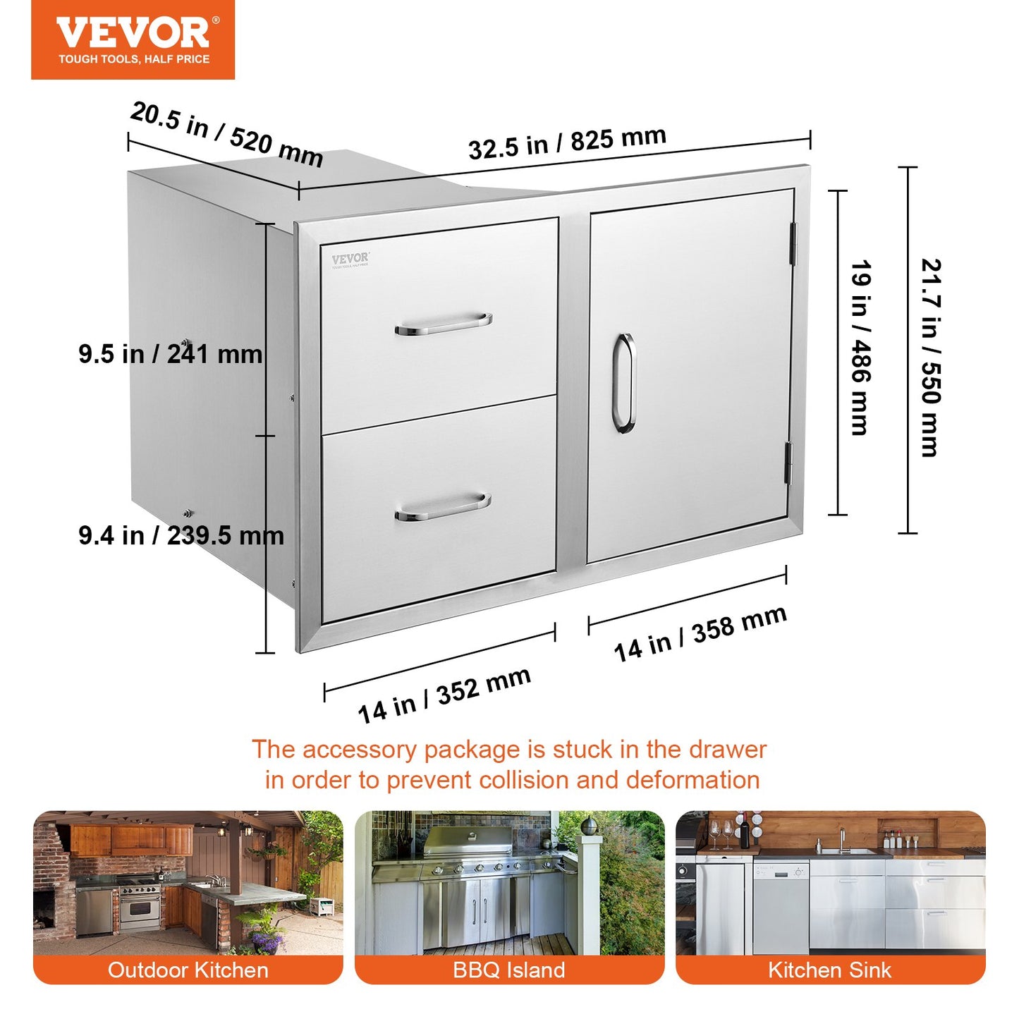 VEVOR Outdoor Kitchen Door Drawer Combo 32.5 W x 21.6 H x 20.5''D, Access Door/Double Drawers with Paper Towel Rack, BBQ Island Drawers with Stainless Steel Handles for Outdoor Kitchen