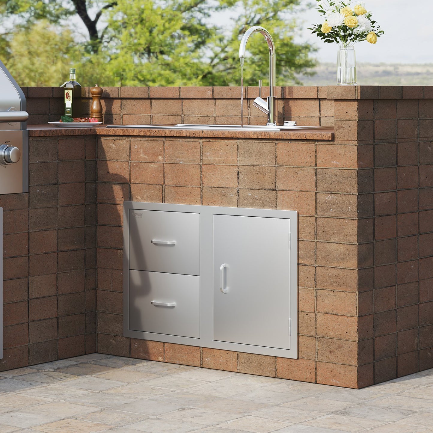 VEVOR Outdoor Kitchen Door Drawer Combo 32.5 W x 21.6 H x 20.5''D, Access Door/Double Drawers with Paper Towel Rack, BBQ Island Drawers with Stainless Steel Handles for Outdoor Kitchen