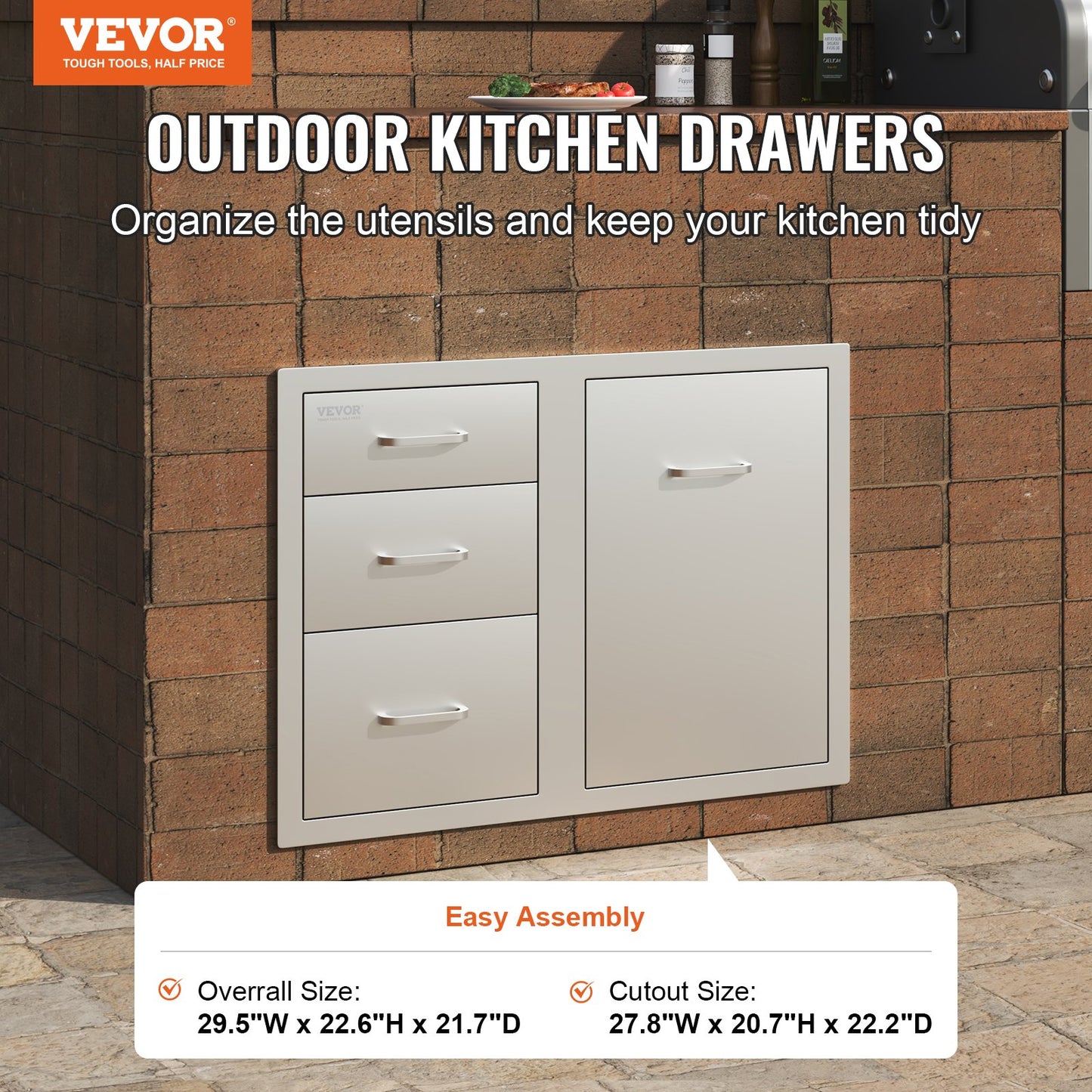 VEVOR Outdoor Kitchen Door Drawer Combo 29.5 W x 22.6 H x 21.7''D, Access Door/Triple Drawers with Propane Drawer and Adjustable Garbage Ring, Perfect for BBQ Island Patio Grill Station