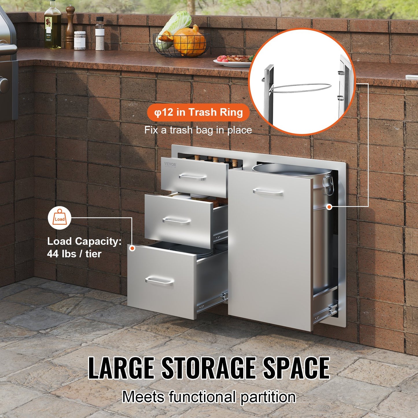 VEVOR Outdoor Kitchen Door Drawer Combo 29.5 W x 22.6 H x 21.7''D, Access Door/Triple Drawers with Propane Drawer and Adjustable Garbage Ring, Perfect for BBQ Island Patio Grill Station