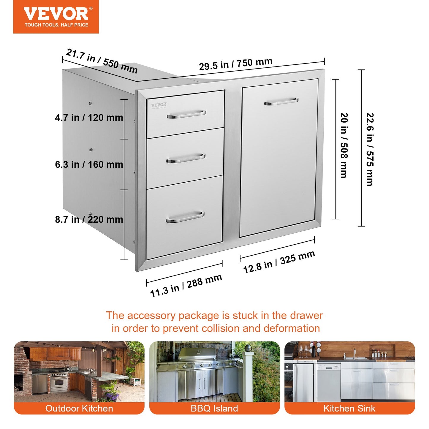 VEVOR Outdoor Kitchen Door Drawer Combo 29.5 W x 22.6 H x 21.7''D, Access Door/Triple Drawers with Propane Drawer and Adjustable Garbage Ring, Perfect for BBQ Island Patio Grill Station
