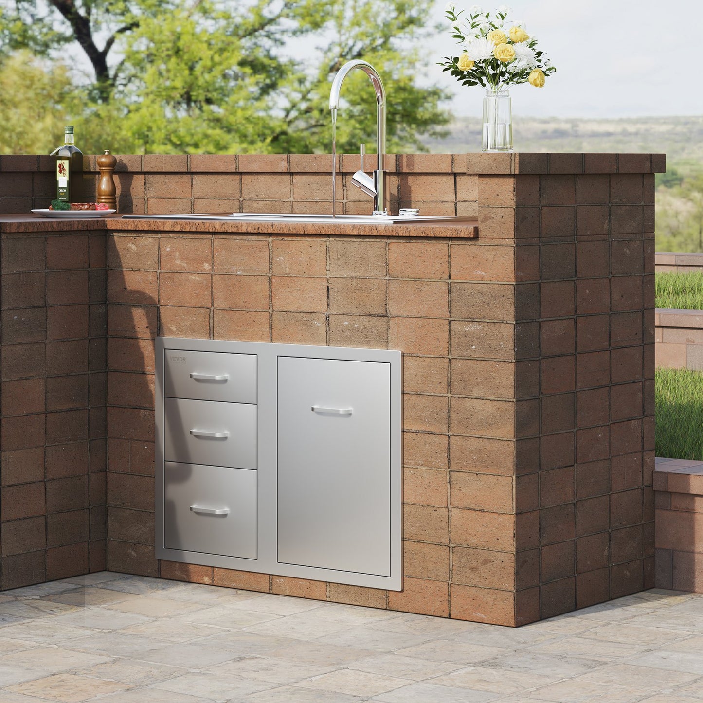 VEVOR Outdoor Kitchen Door Drawer Combo 29.5 W x 22.6 H x 21.7''D, Access Door/Triple Drawers with Propane Drawer and Adjustable Garbage Ring, Perfect for BBQ Island Patio Grill Station