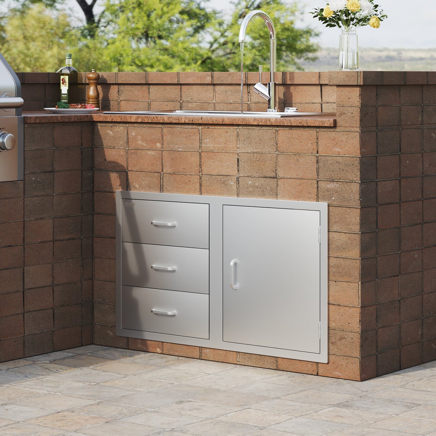 VEVOR Outdoor Kitchen Door Drawer Combo 38.1''W x 22.6''H x 20.8''D, BBQ Access Door/Triple Drawers Combo with Stainless Steel Handles, Perfect for BBQ Island Patio Grill Station