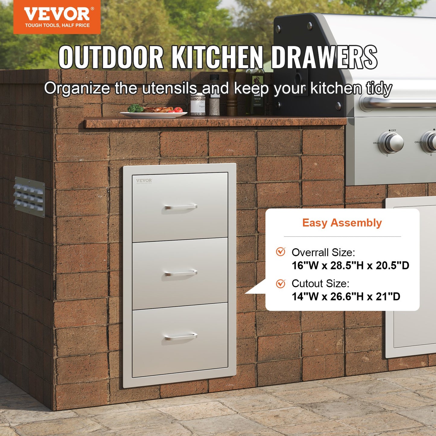 VEVOR Outdoor Kitchen Drawers 16 W x 28.5 H x 20.5 D, Flush Mount Triple Access BBQ Drawers Stainless Steel with Handle, BBQ Island Drawers for Outdoor Kitchens or Patio Grill Station