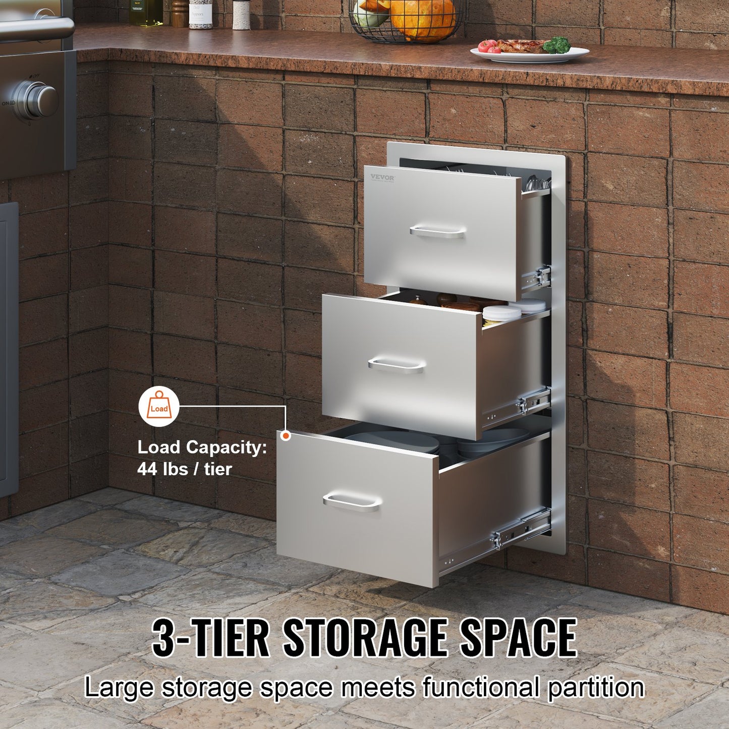 VEVOR Outdoor Kitchen Drawers 16 W x 28.5 H x 20.5 D, Flush Mount Triple Access BBQ Drawers Stainless Steel with Handle, BBQ Island Drawers for Outdoor Kitchens or Patio Grill Station