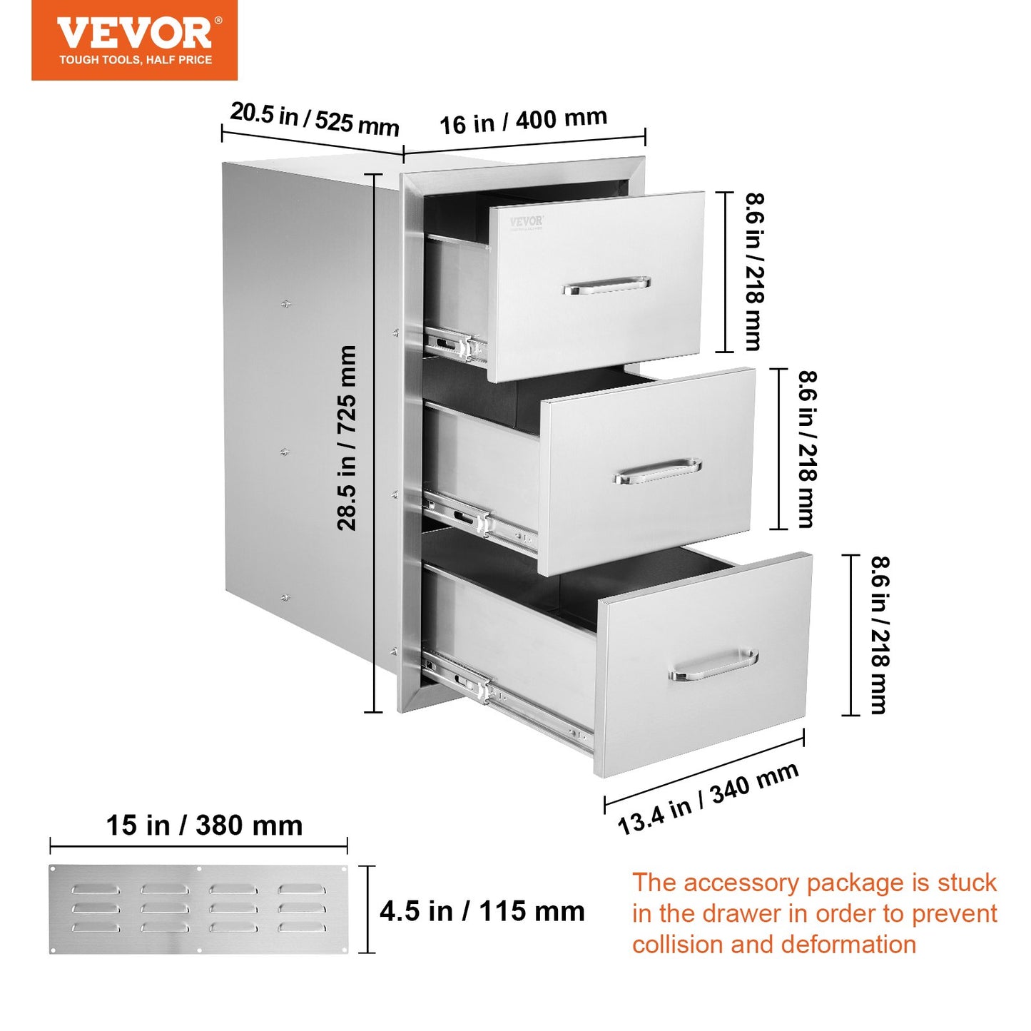 VEVOR Outdoor Kitchen Drawers 16 W x 28.5 H x 20.5 D, Flush Mount Triple Access BBQ Drawers Stainless Steel with Handle, BBQ Island Drawers for Outdoor Kitchens or Patio Grill Station