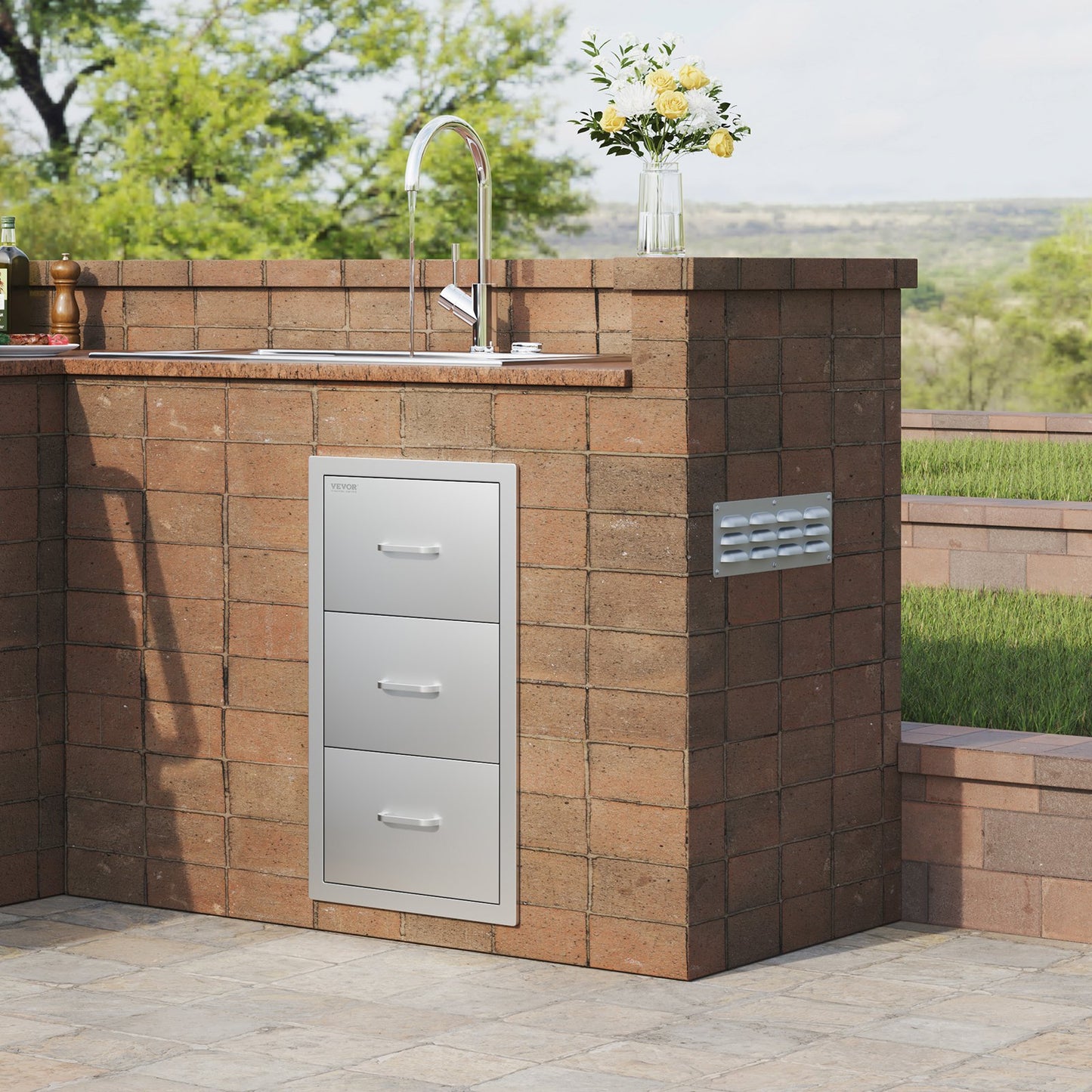 VEVOR Outdoor Kitchen Drawers 16 W x 28.5 H x 20.5 D, Flush Mount Triple Access BBQ Drawers Stainless Steel with Handle, BBQ Island Drawers for Outdoor Kitchens or Patio Grill Station