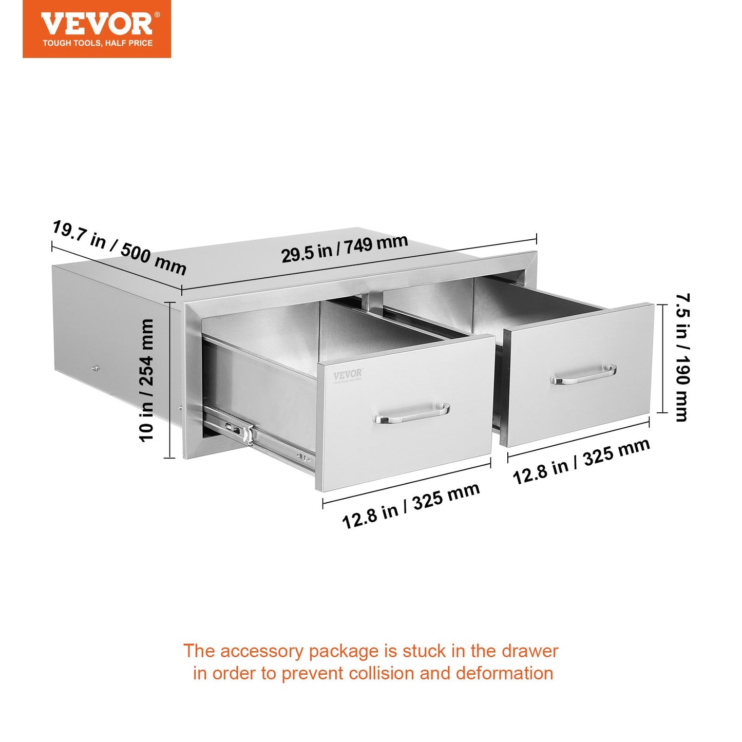 VEVOR Outdoor Kitchen Drawers 30 W x 10 H x 20 D, Horizontal Double BBQ Access Drawers Stainless Steel with Handle, BBQ Island Drawers for Outdoor Kitchens or Patio Grill Station
