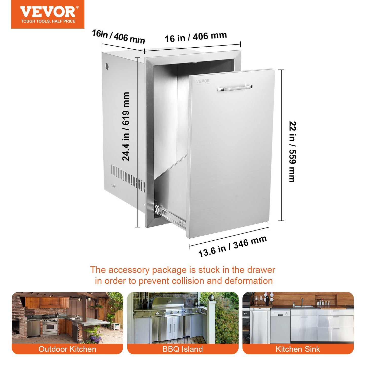 VEVOR Outdoor Kitchen Propane Tank Drawer 16Wx22Hx16D Inch Stainless Steel Pull Out Trash Drawer with Handle for Outdoor Kitchen BBQ Island