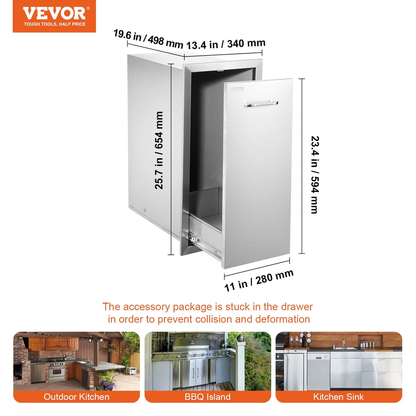 VEVOR Pull Out Trash Drawer 13.6Wx26Hx19.3D Inch Lower Sliding Rails Stainless Steel Roll Out Trash Bin Pull Out Tray Outdoor Kitchen Trash Drawer with Handle for BBQ Island Grill Station