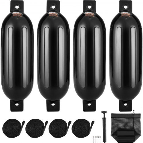 Boat Fenders, 5.5' x 20' Boat Bumpers for Docking, Inflatable Ribbed Fender with Center Holes, Marine Boat Dock Fender Bumper with Air Pump, 4 Needles and 4 Ropes and Storage Bag, Black