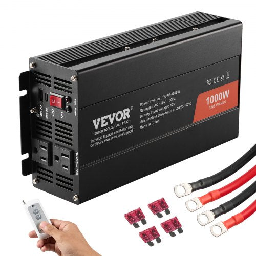 Sine Wave Converter, 1000W, DC 12V to AC 120V, with Dual AC Sockets, 1 USB, 1 Type-C, Remote Operation for Portable Electronics, CE FCC Approved