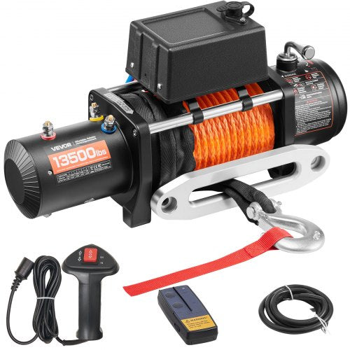 Electric Winch, 13500 lbs Load Capacity, 12V DC Truck Winch with ¦µ3/8 in x 80 ft Synthetic Rope, Wireless & Wired Remote Control, Suitable for Towing Off-Road SUV Jeep Trailer Boat