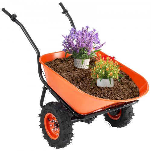 Electric Wheelbarrow Cart, 500W Powered Utility Garden Wagon Dump Cart, 7 Cu. Ft. Load & 573 lbs Capacity with Metal Handle & 16' Track Wheels, Two Wheel Barrow Yard Cart & Wagons for Lawn Farm