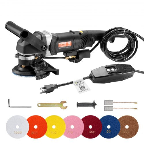 Wet Polisher 800W, 4' Concrete Grinder with 6 Variable Speed and 7 Polishing Kits, Wet Grinder Machine for Marble, Granite, Stone, Rock, Tile, Equipped with a GFCI Switch, (700 - 3000 RPM)