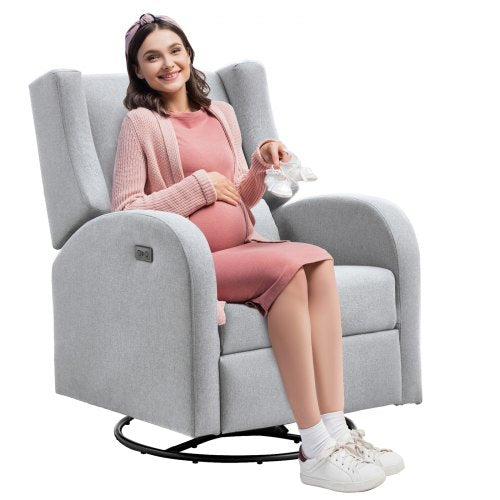 Electronic Power Recliner and Swivel Glider, 250 lbs Weight Capacity Swivel Glider Recliner Chair with USB Port, Polyester Surface Swivel Rocker Recliner  for Living Room, Bedroom, Light Gray