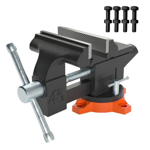 Bench Vise, 4.5-inch Jaw Width 3.3-inch Jaw Opening , 240-Degree Swivel Locking Base Multipurpose Vise with Anvil, Heavy Duty Cast Iron Workbench Vise with Bolts & Nuts, for Drilling, Pipe Cutti