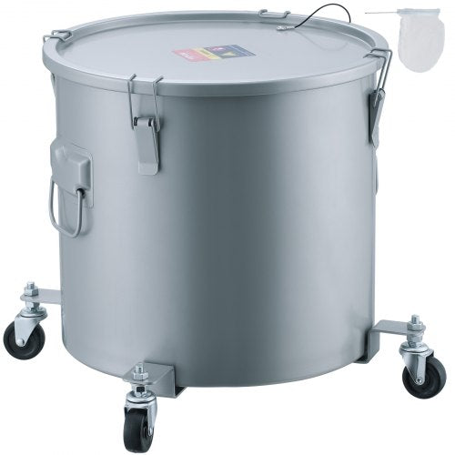 Fryer Grease Bucket, 16 Gal Oil Disposal Caddy with Caster Base, Carbon Steel Rust-Proof Coating, Oil Transport Container with Lid, Lock Clips, Filter Bag for Hot Cooking Oil Filtering, Gray