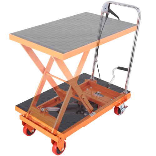 Hydraulic Lift Table Cart, 500lbs Capacity 28.5' Lifting Height, Manual Single Scissor Lift Table with 4 Wheels and Non-slip Pad, Hydraulic Scissor Cart for Material Handling, Orange