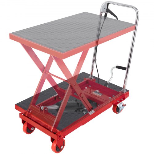 Hydraulic Lift Table Cart, 500lbs Capacity 28.5' Lifting Height, Manual Single Scissor Lift Table with 4 Wheels and Non-slip Pad, Hydraulic Scissor Cart for Material Handling, Red
