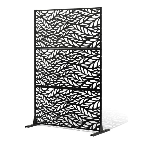 Metal Privacy Screen, 47' W x 72' H, Outdoor Privacy Screens & Panels, Freestanding Outdoor Divider with Stand, 3-Panel Decorative Garden Steel Privacy Fence for Balcony Patio Indoor Room Black