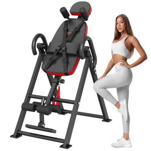 Inversion Table, 300 lbs Capacity Heavy Duty Inversion Table, Decompression Back Stretcher Machine, Strength Training Equipment with Headrest, Ankle Lock, Adjustable Protective Belt, Red/Black