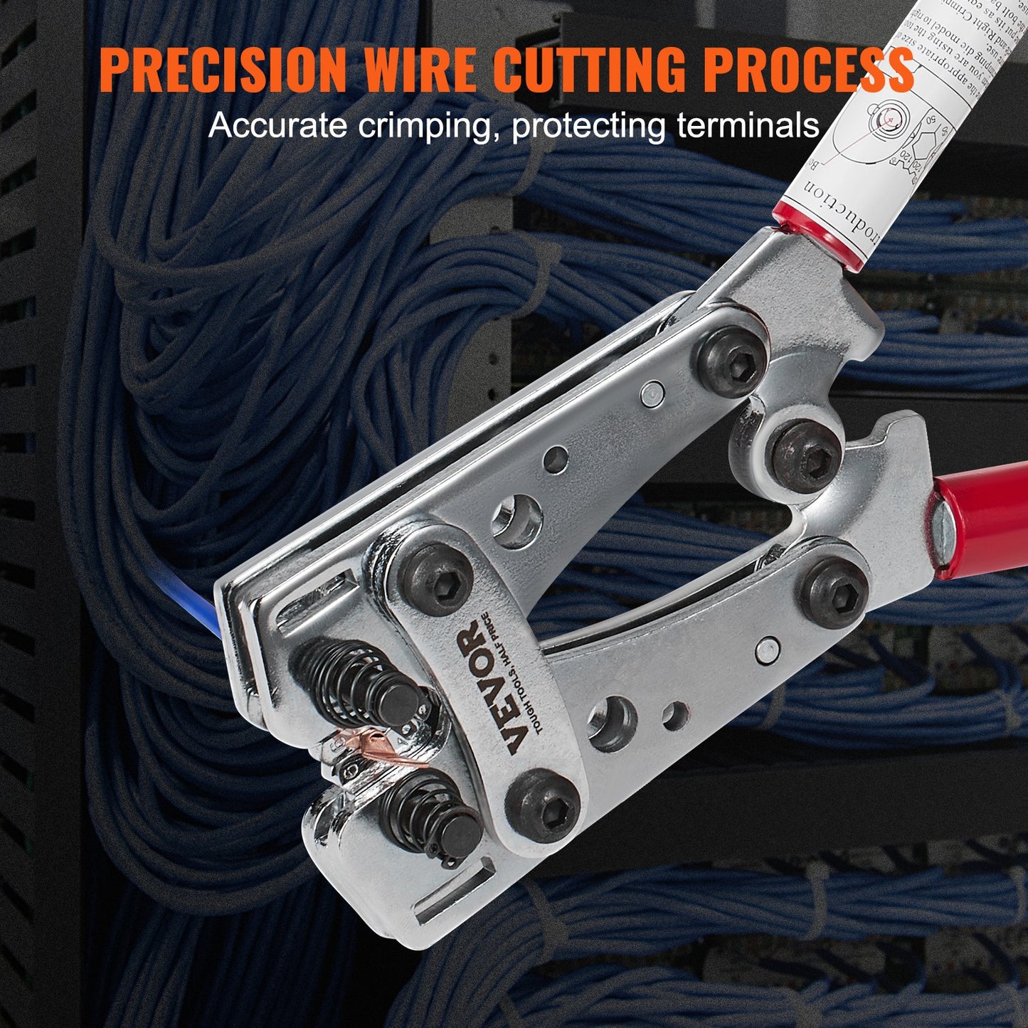 VEVOR Crimping Tool, AWG10-1/0 Copper And Aluminum Terminal Battery Lug Crimper, 6 Wire Sizes Crimping Die, with a Cutting Pliers, Gloves, 95pcs Copper Ring Connectors, and 100pcs Heat Shrink Tubes