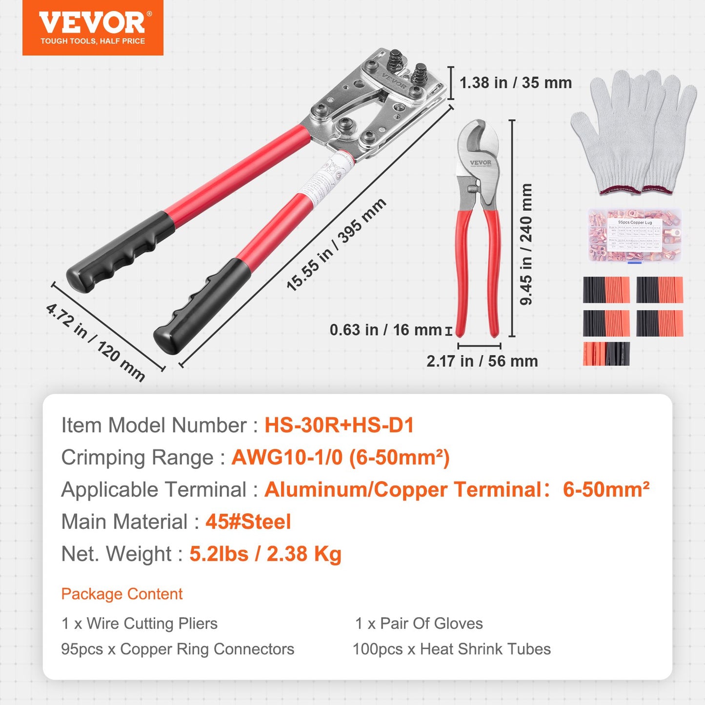 VEVOR Crimping Tool, AWG10-1/0 Copper And Aluminum Terminal Battery Lug Crimper, 6 Wire Sizes Crimping Die, with a Cutting Pliers, Gloves, 95pcs Copper Ring Connectors, and 100pcs Heat Shrink Tubes