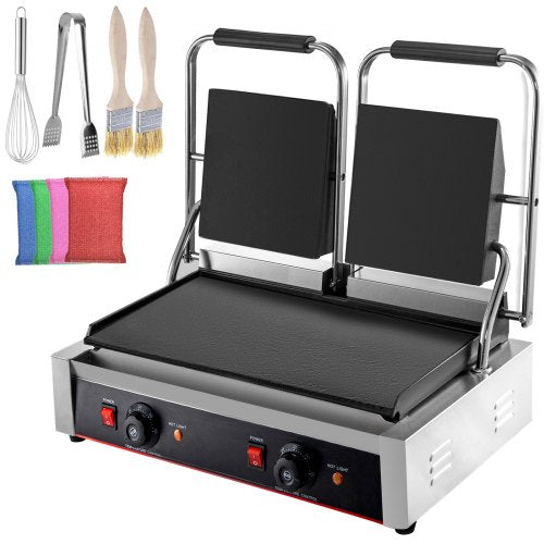 VEVOR Commercial Sandwich Panini Press Grill, 2X1800W Double Flat Plates Electric Stainless Steel Sandwich Maker, Temperature Control 122¡ãF-572¡ãF Non Stick Surface for Hamburgers Steaks Bacons.