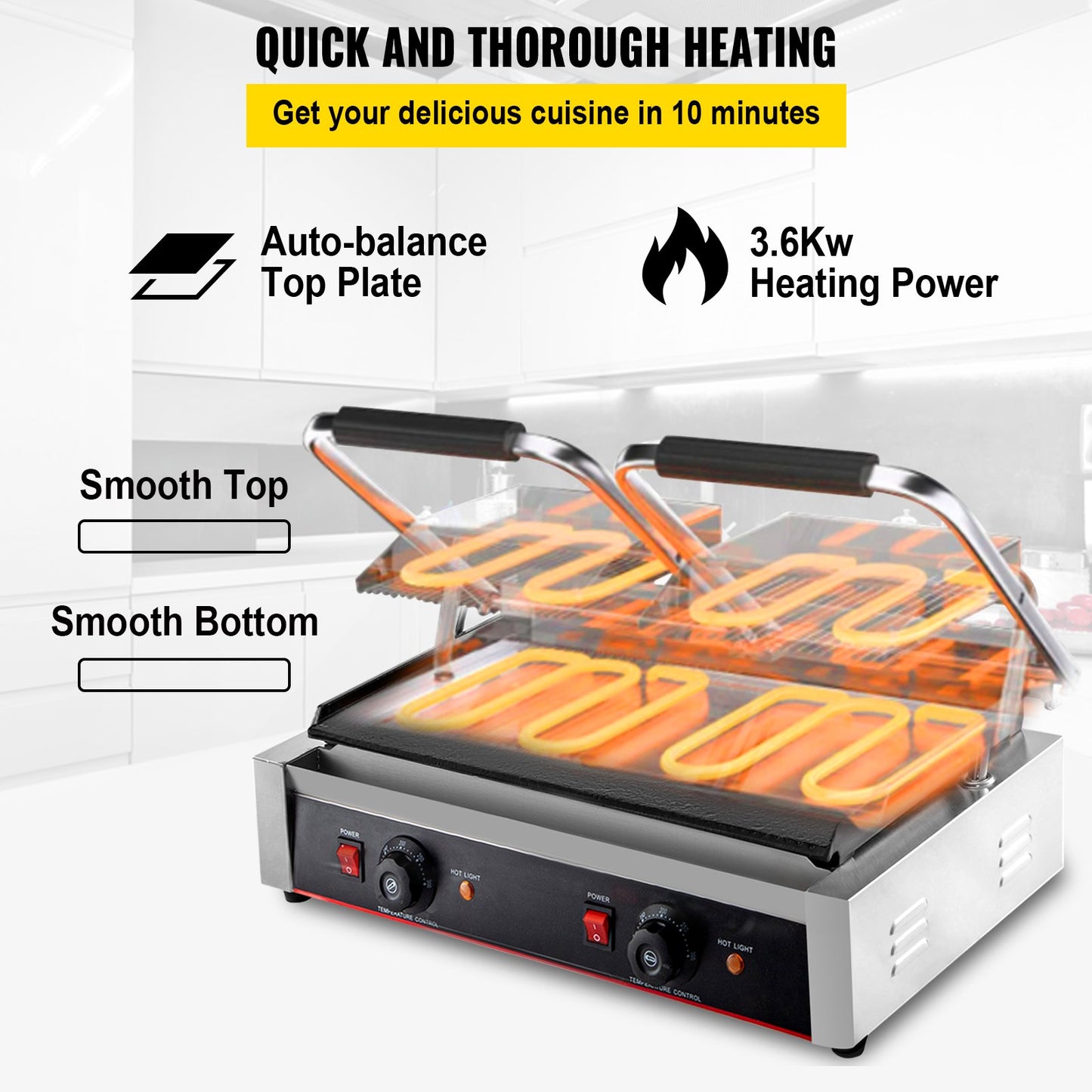 VEVOR Commercial Sandwich Panini Press Grill, 2X1800W Double Flat Plates Electric Stainless Steel Sandwich Maker, Temperature Control 122¡ãF-572¡ãF Non Stick Surface for Hamburgers Steaks Bacons.