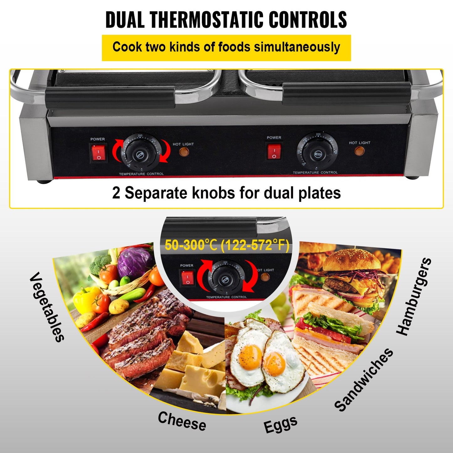 VEVOR Commercial Sandwich Panini Press Grill, 2X1800W Double Flat Plates Electric Stainless Steel Sandwich Maker, Temperature Control 122¡ãF-572¡ãF Non Stick Surface for Hamburgers Steaks Bacons.
