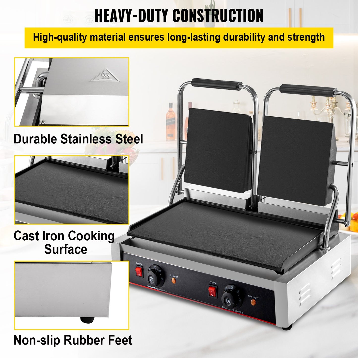 VEVOR Commercial Sandwich Panini Press Grill, 2X1800W Double Flat Plates Electric Stainless Steel Sandwich Maker, Temperature Control 122¡ãF-572¡ãF Non Stick Surface for Hamburgers Steaks Bacons.
