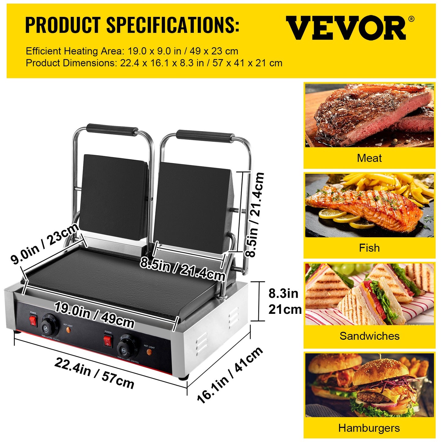 VEVOR Commercial Sandwich Panini Press Grill, 2X1800W Double Flat Plates Electric Stainless Steel Sandwich Maker, Temperature Control 122¡ãF-572¡ãF Non Stick Surface for Hamburgers Steaks Bacons.