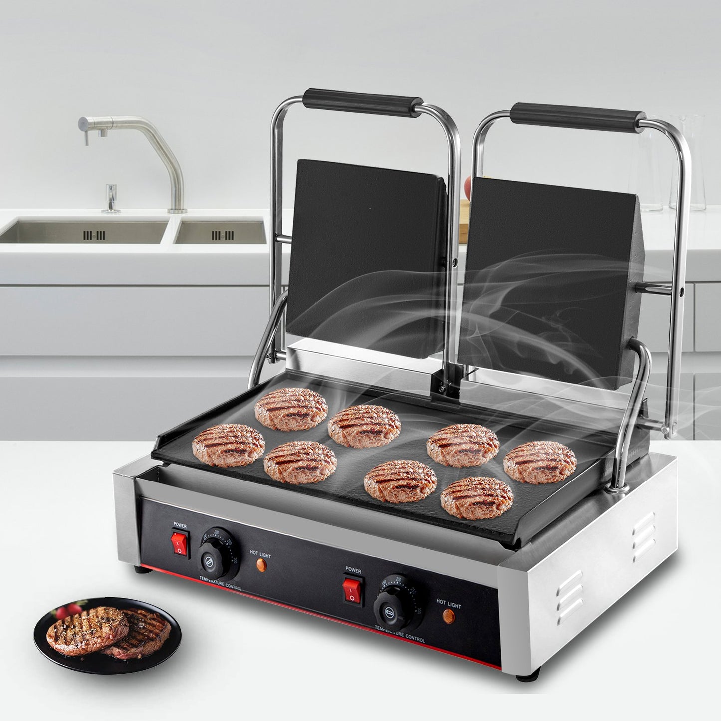 VEVOR Commercial Sandwich Panini Press Grill, 2X1800W Double Flat Plates Electric Stainless Steel Sandwich Maker, Temperature Control 122¡ãF-572¡ãF Non Stick Surface for Hamburgers Steaks Bacons.