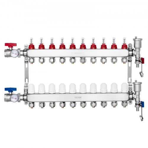 10-Branch Radiant Heat Manifold, 1/2' PEX Tubing Manifold, Stainless Steel PEX Manifold for Hydronic Radiant Floor Heating, Radiant Heat PEX Manifold Kit with 1/2' Adapters Included