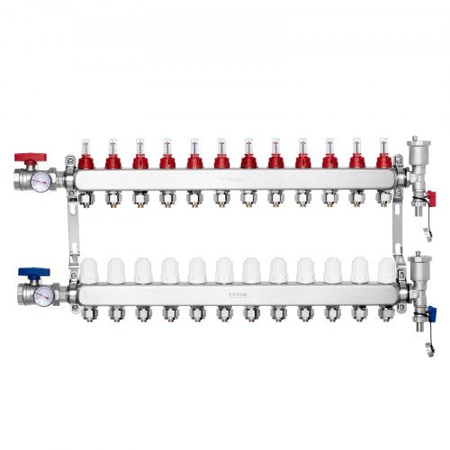 12-Branch Radiant Heat Manifold, 1/2' PEX Tubing Manifold, Stainless Steel PEX Manifold for Hydronic Radiant Floor Heating, Radiant Heat PEX Manifold Kit with 1/2' Adapters Included