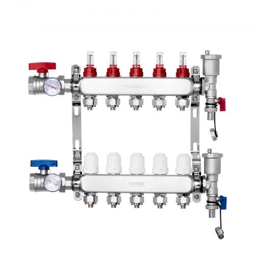 5-Branch Radiant Heat Manifold, 1/2' PEX Tubing Manifold, Stainless Steel PEX Manifold for Hydronic Radiant Floor Heating, Radiant Heat PEX Manifold Kit with 1/2' Adapters Included