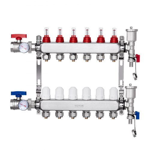 6-Branch Radiant Heat Manifold, 1/2' PEX Tubing Manifold, Stainless Steel PEX Manifold for Hydronic Radiant Floor Heating, Radiant Heat PEX Manifold Kit with 1/2' Adapters Included