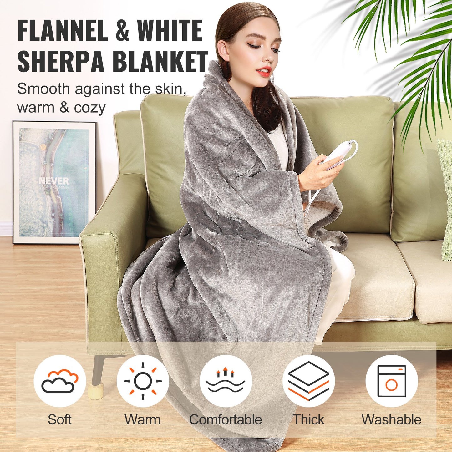 VEVOR Heated Blanket Electric Throw, 50 x 60 Twin Size, Soft Flannel & Sherpa Heating Blanket with 3 Hours Timer Auto-off, 5 Heating Levels for Sofa, Machine Washable, ETL & FCC Certification (Grey)
