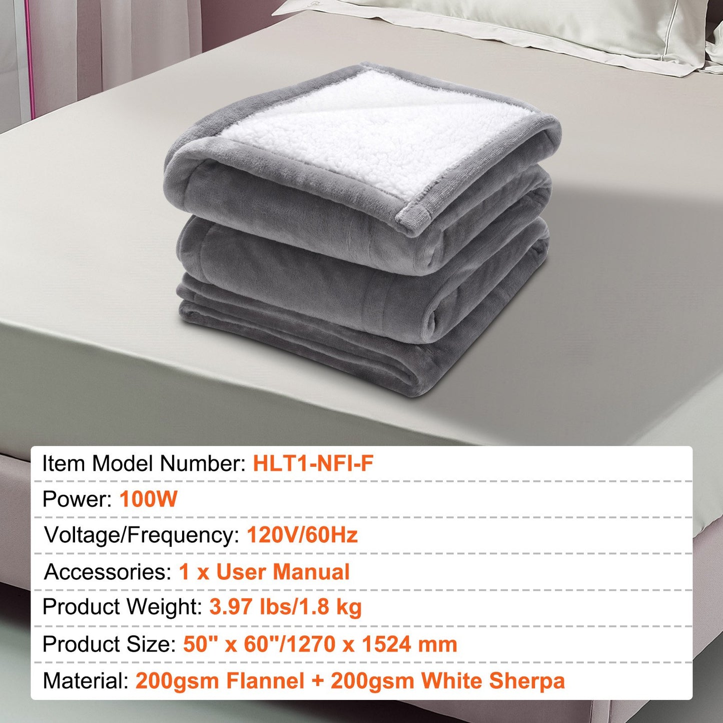VEVOR Heated Blanket Electric Throw, 50 x 60 Twin Size, Soft Flannel & Sherpa Heating Blanket with 3 Hours Timer Auto-off, 5 Heating Levels for Sofa, Machine Washable, ETL & FCC Certification (Grey)
