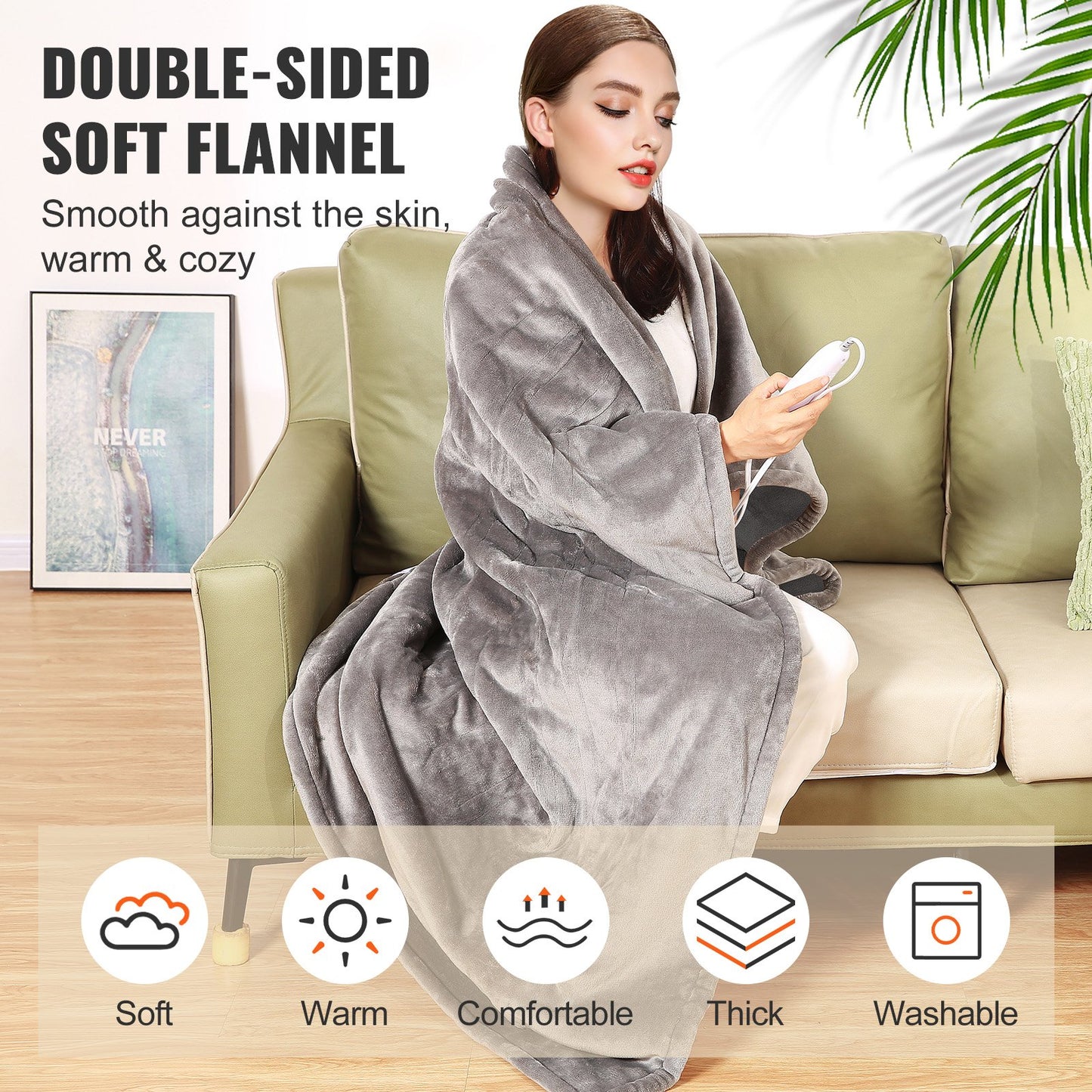 VEVOR Heated Blanket Electric Throw, 72 x 84 Full Size, Soft Flannel Heating Blanket with 10 Hours Timer Auto-off & 5 Heating Levels for Couch Sofa, Machine Washable, ETL & FCC Certification (Grey)