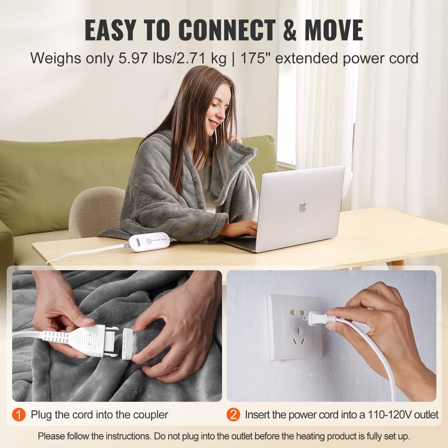 VEVOR Heated Blanket Electric Throw, 72 x 84 Full Size, Soft Flannel Heating Blanket with 10 Hours Timer Auto-off & 5 Heating Levels for Couch Sofa, Machine Washable, ETL & FCC Certification (Grey)