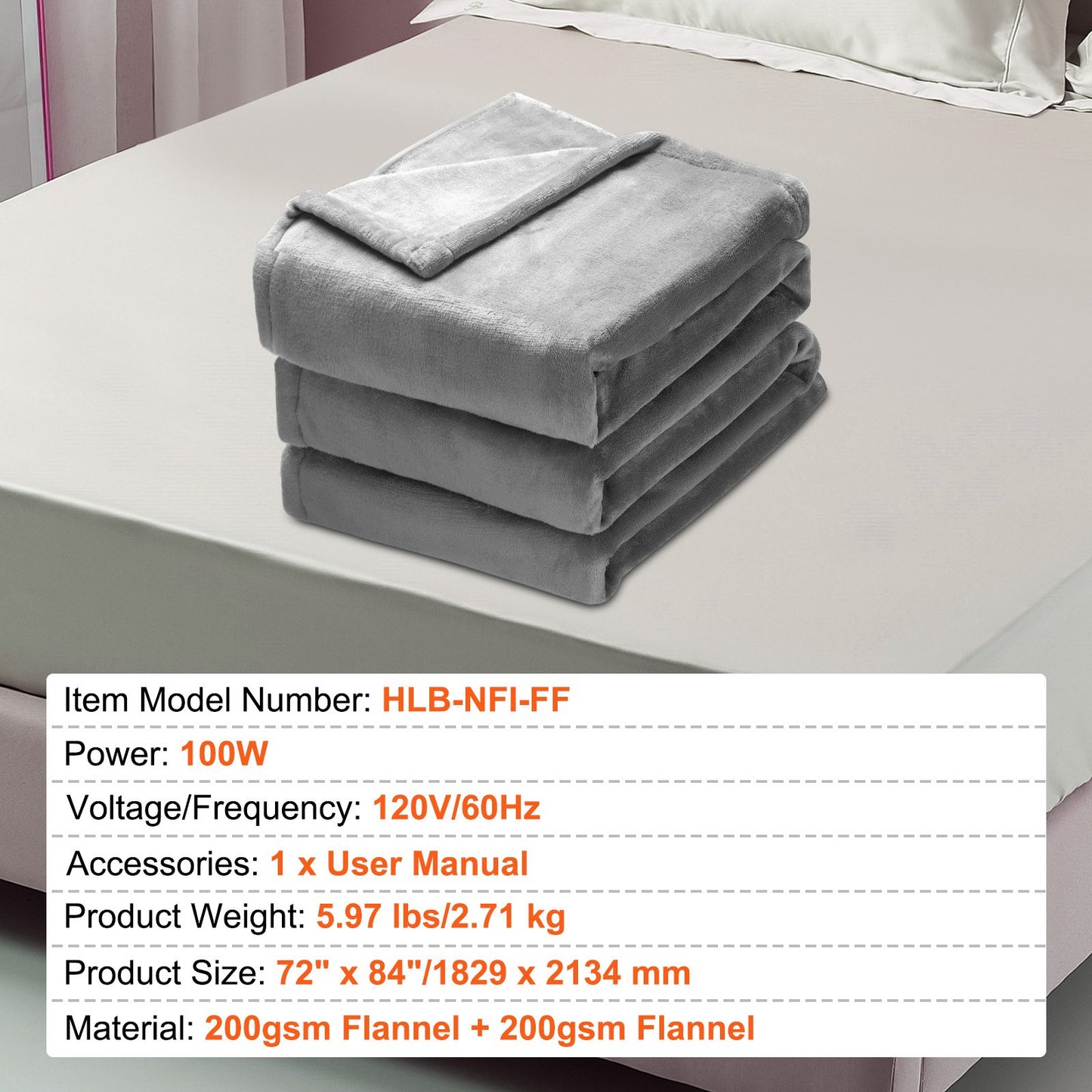 VEVOR Heated Blanket Electric Throw, 72 x 84 Full Size, Soft Flannel Heating Blanket with 10 Hours Timer Auto-off & 5 Heating Levels for Couch Sofa, Machine Washable, ETL & FCC Certification (Grey)