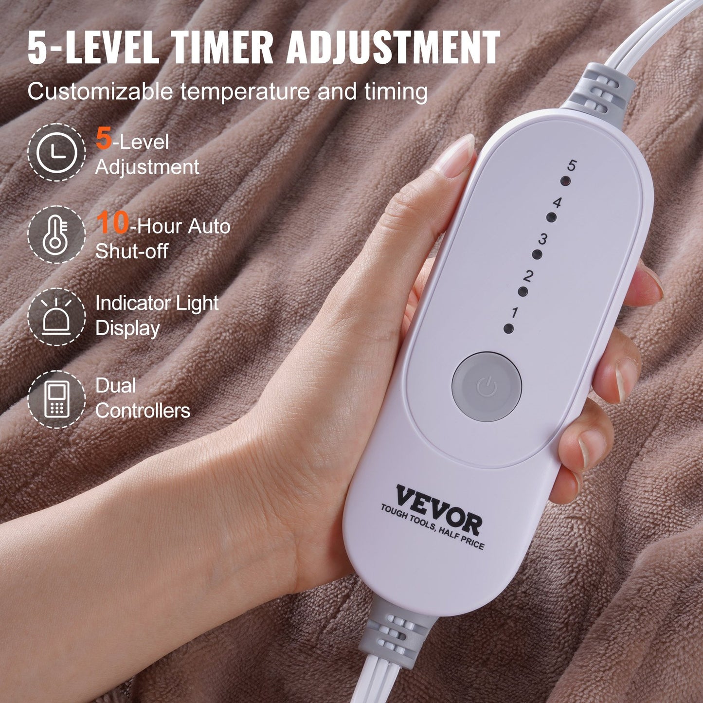 VEVOR Heated Blanket Electric Throw, 84 x 90 Queen Size, Soft Flannel Heating Blanket with 10 Hours Timer Auto-off & 5 Heating Levels, Dual Control, Machine Washable, ETL & FCC Certification (Beige)