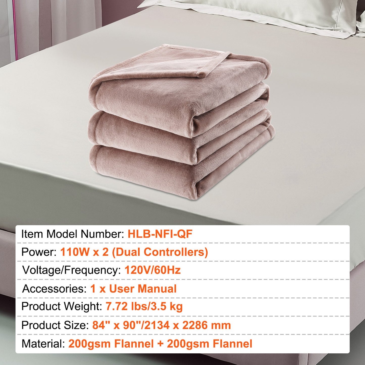 VEVOR Heated Blanket Electric Throw, 84 x 90 Queen Size, Soft Flannel Heating Blanket with 10 Hours Timer Auto-off & 5 Heating Levels, Dual Control, Machine Washable, ETL & FCC Certification (Beige)