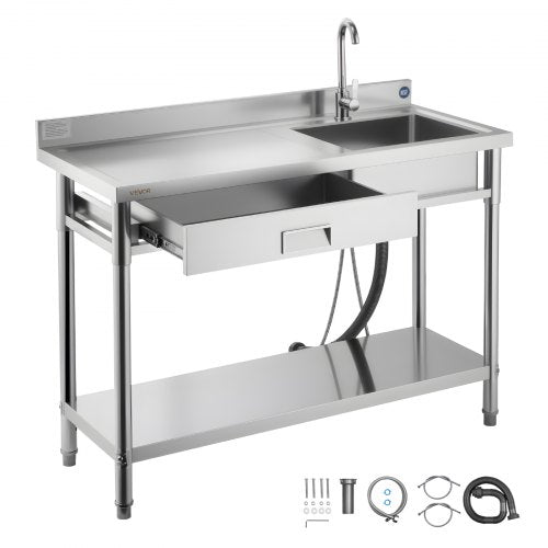 Stainless Steel Utility Sink, Rolling Single Bowl Commercial Kitchen Sink with Drawer, Faucet and Hot & Cold Water Pipe, Utility Basin for Garage, Restaurant, Laundry, 47.2 x 19.7 x 37 in