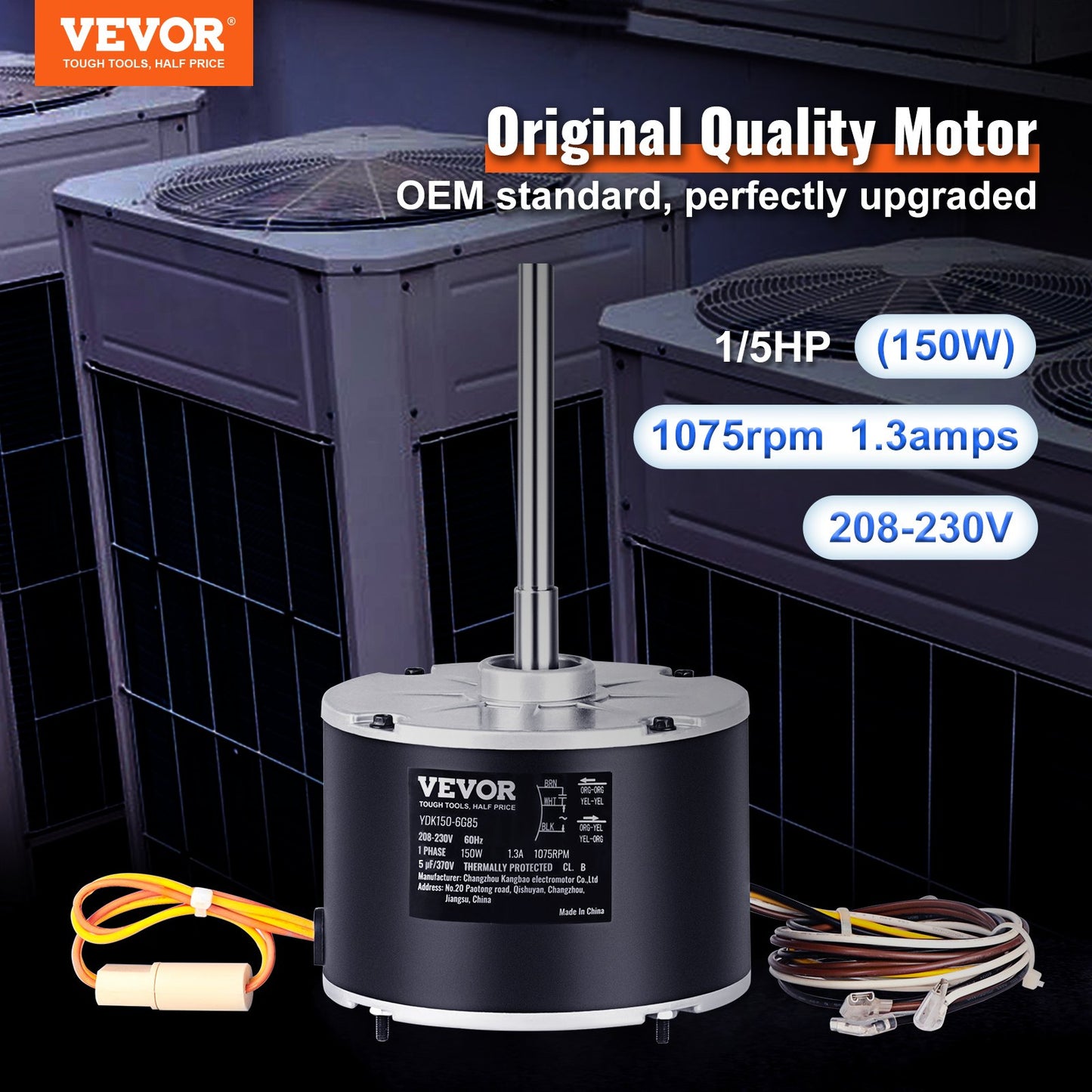 VEVOR Condenser Fan Motor K55HXJKL-2918, 51-23055-11, 1/5 HP 208-230V, 1075RPM, OEM Standard Upgraded Replacement Condenser Motor Reversible Rotating, Explosion-proof CBB65 5¦_F/370V Capacitor