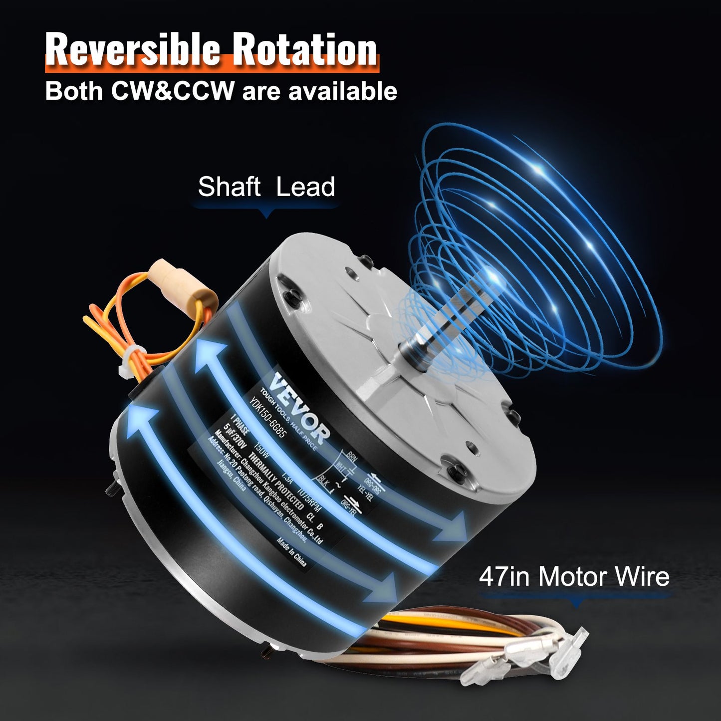 VEVOR Condenser Fan Motor K55HXJKL-2918, 51-23055-11, 1/5 HP 208-230V, 1075RPM, OEM Standard Upgraded Replacement Condenser Motor Reversible Rotating, Explosion-proof CBB65 5¦_F/370V Capacitor