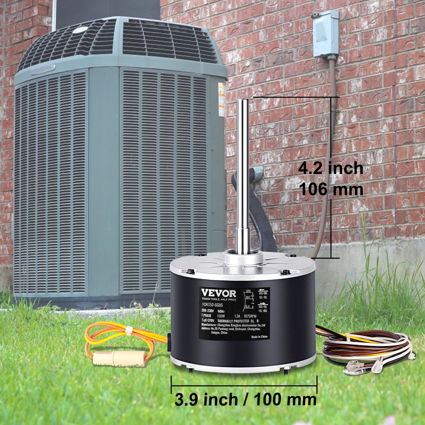 VEVOR Condenser Fan Motor K55HXJKL-2918, 51-23055-11, 1/5 HP 208-230V, 1075RPM, OEM Standard Upgraded Replacement Condenser Motor Reversible Rotating, Explosion-proof CBB65 5¦_F/370V Capacitor